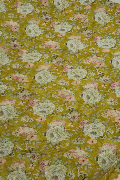 Lemonade Yellow With Pink & Cream Floral Printed Georgette Fabric