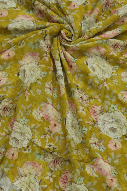 Lemonade Yellow With Pink & Cream Floral Printed Georgette Fabric