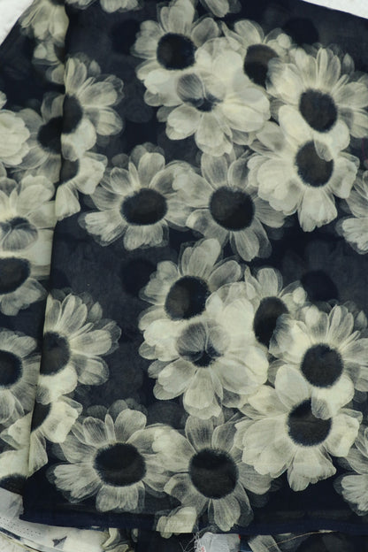 Liberty Blue With Hues of Daisy White Floral Printed Georgette Fabric