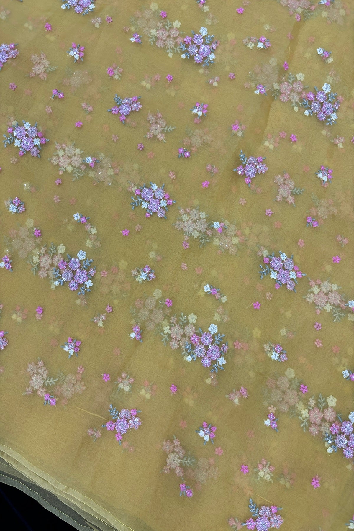 Posy Floral Embroidery With High Lighted  Sequins Pure Organza Fabric