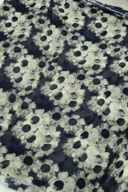 Liberty Blue With Hues of Daisy White Floral Printed Georgette Fabric
