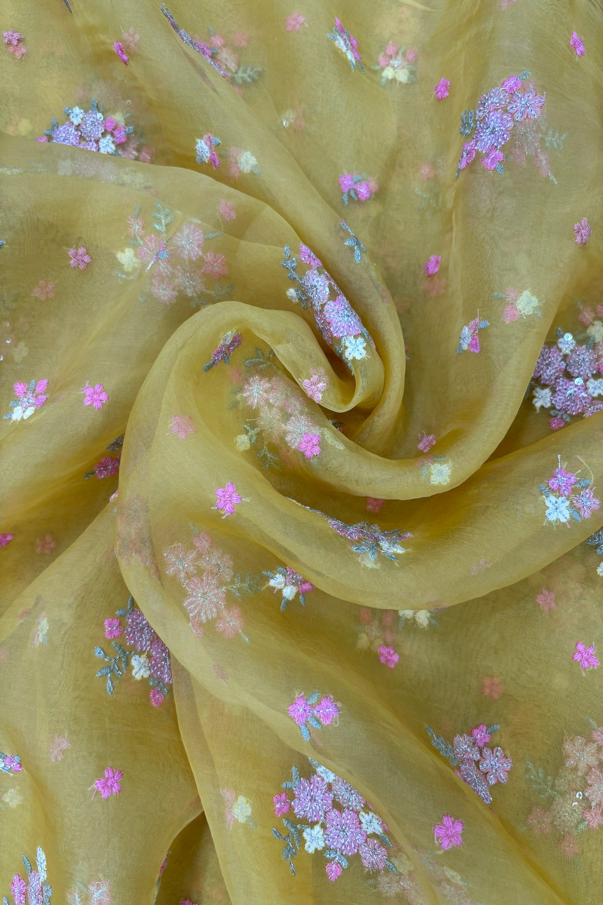 Posy Floral Embroidery With High Lighted  Sequins Pure Organza Fabric