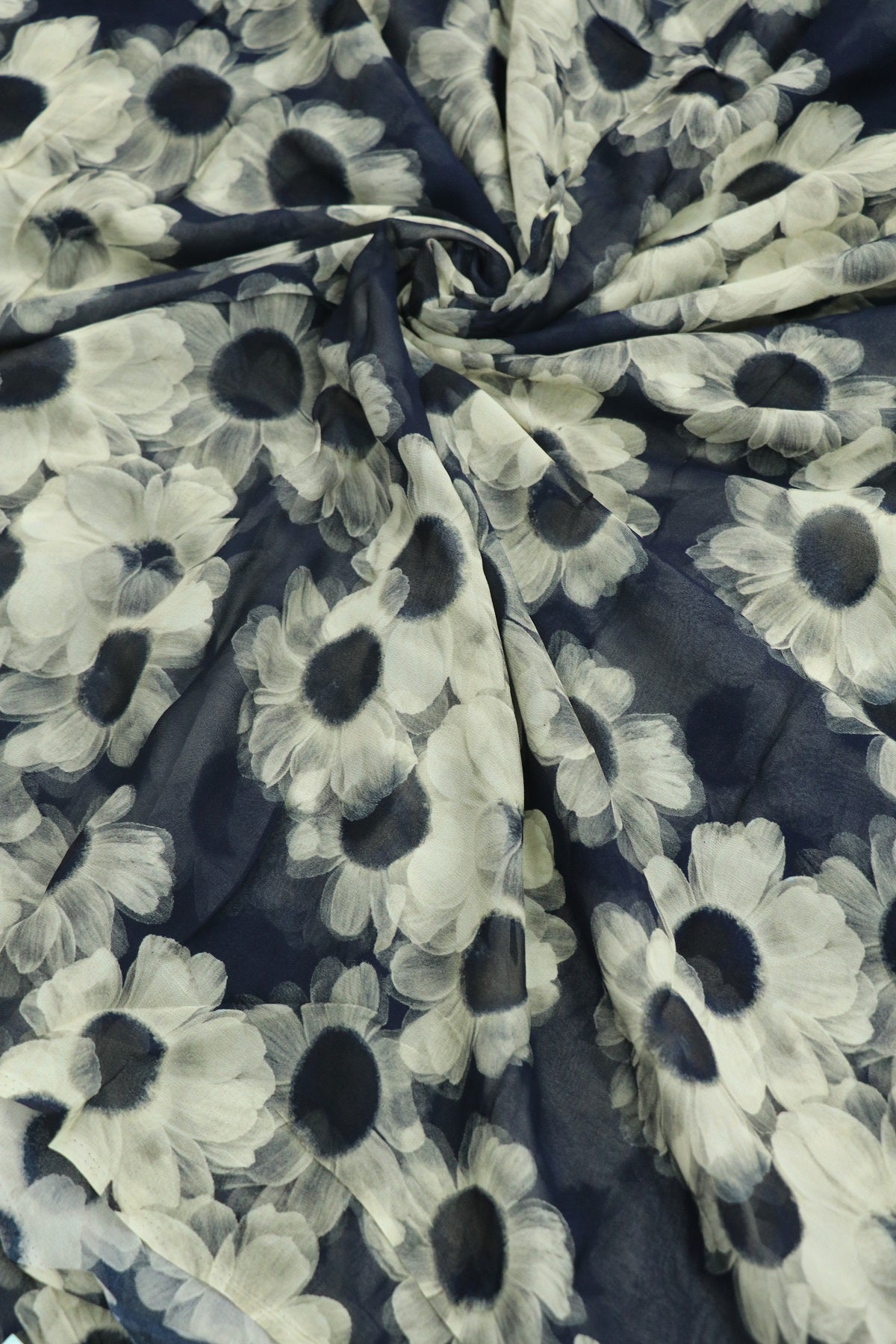 Liberty Blue With Hues of Daisy White Floral Printed Georgette Fabric