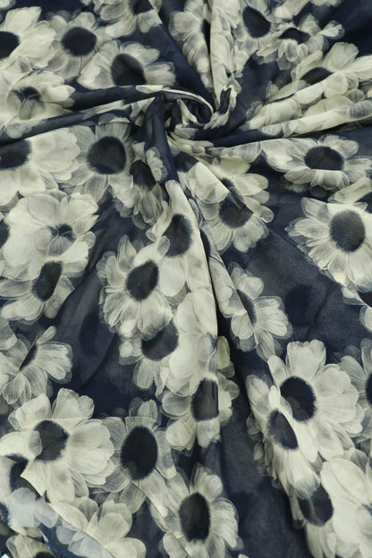 Liberty Blue With Hues of Daisy White Floral Printed Georgette Fabric