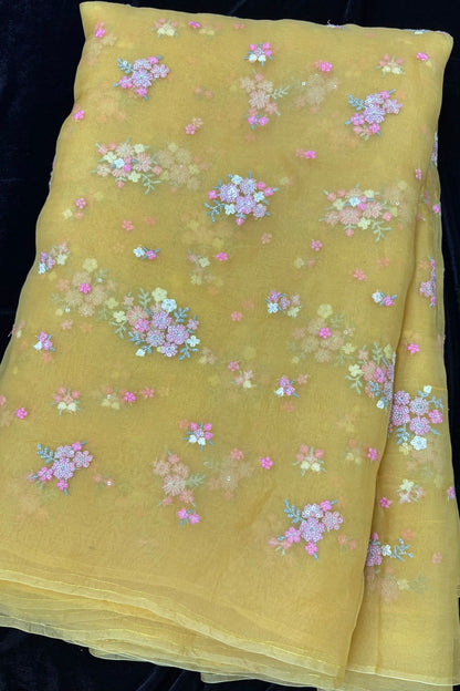 Posy Floral Embroidery With High Lighted  Sequins Pure Organza Fabric
