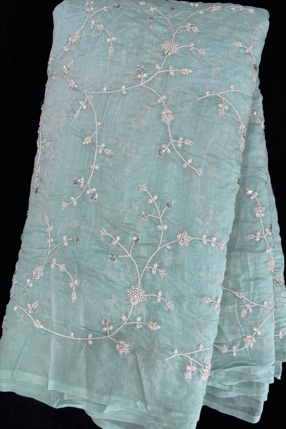 Pearls & Cutbeads Embroidered Floral Creeper Pure Mul Chanderi Fabric