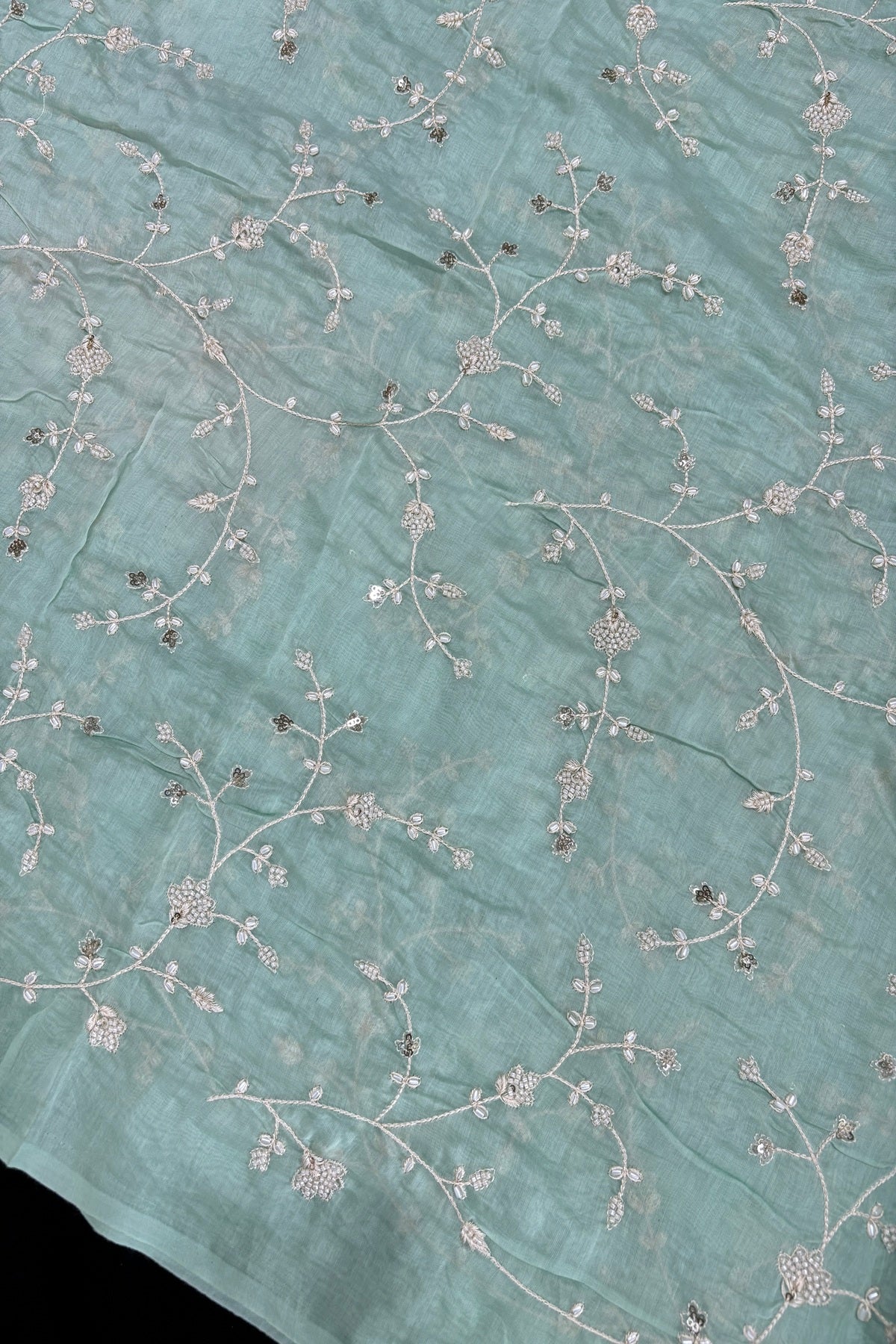Pearls & Cutbeads Embroidered Floral Creeper Pure Mul Chanderi Fabric