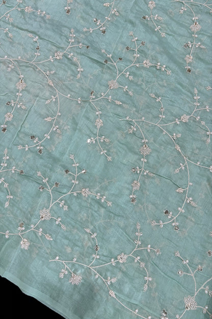 Pearls & Cutbeads Embroidered Floral Creeper Pure Mul Chanderi Fabric