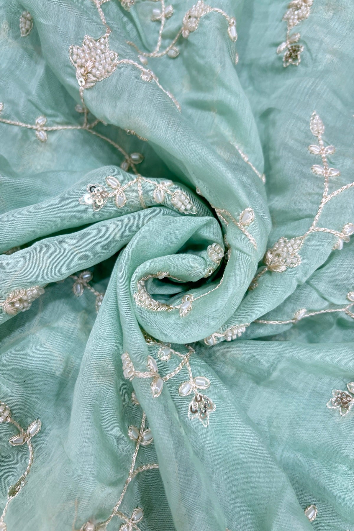 Pearls & Cutbeads Embroidered Floral Creeper Pure Mul Chanderi Fabric