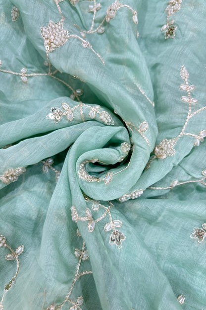 Pearls & Cutbeads Embroidered Floral Creeper Pure Mul Chanderi Fabric