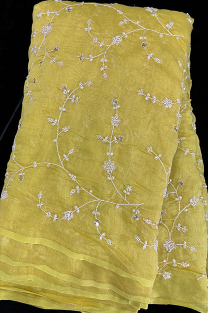 Pearls & Cutbeads Embroidered Floral Creeper Pure Mul Chanderi Fabric