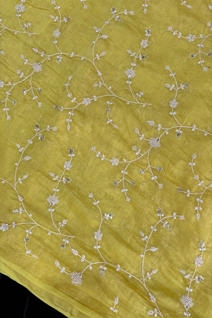 Pearls & Cutbeads Embroidered Floral Creeper Pure Mul Chanderi Fabric