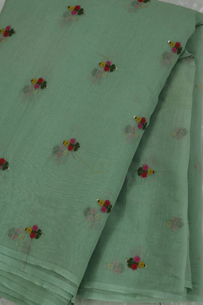 Pure Mul Chanderi With Yellow,Pink & Red Threads Embroidered Fabric