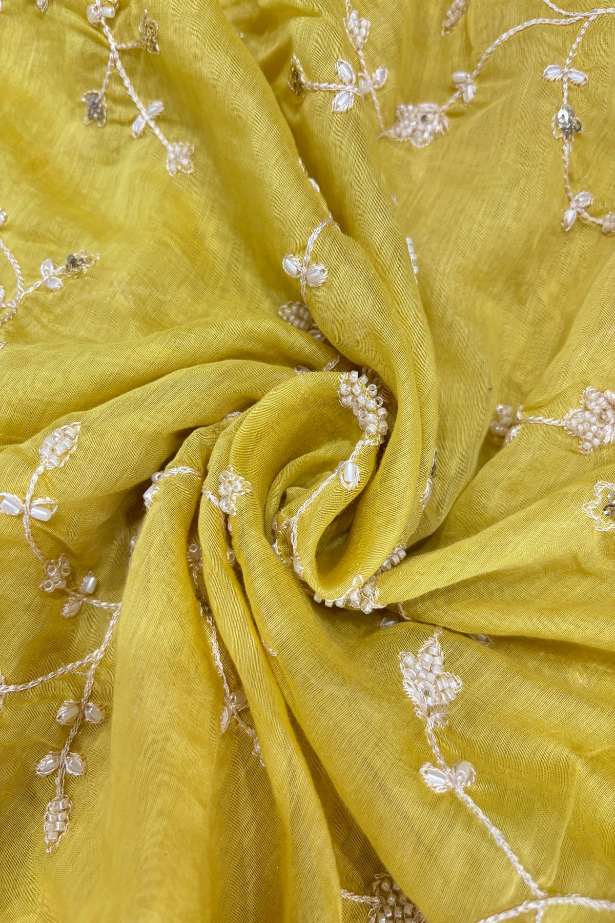 Pearls & Cutbeads Embroidered Floral Creeper Pure Mul Chanderi Fabric