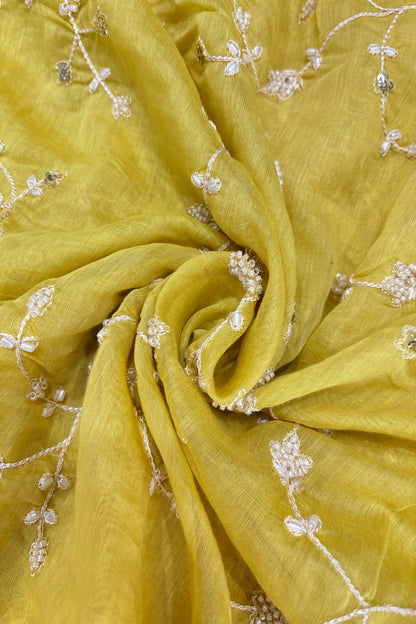 Pearls & Cutbeads Embroidered Floral Creeper Pure Mul Chanderi Fabric