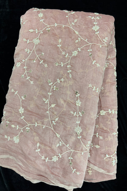 Pearls & Cutbeads Embroidered Floral Creeper Pure Mul Chanderi Fabric