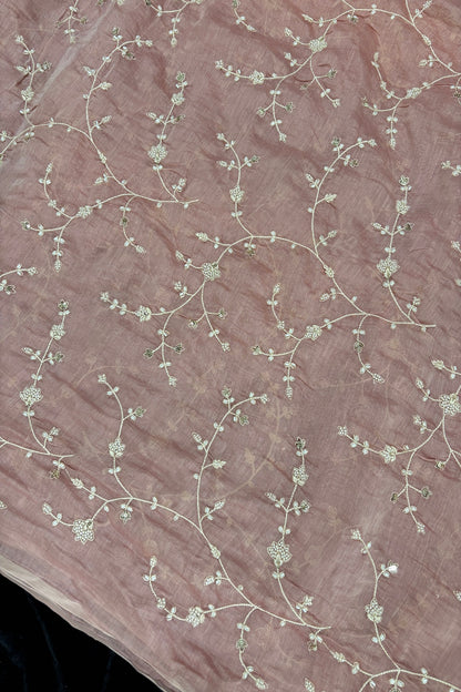 Pearls & Cutbeads Embroidered Floral Creeper Pure Mul Chanderi Fabric