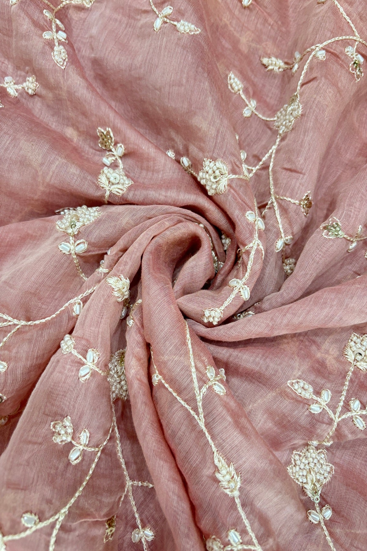 Pearls & Cutbeads Embroidered Floral Creeper Pure Mul Chanderi Fabric