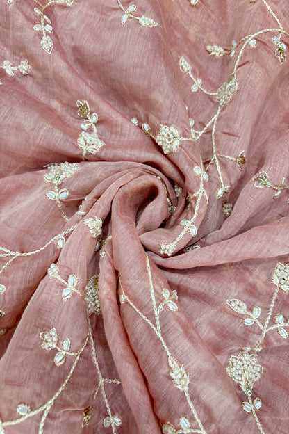 Pearls & Cutbeads Embroidered Floral Creeper Pure Mul Chanderi Fabric