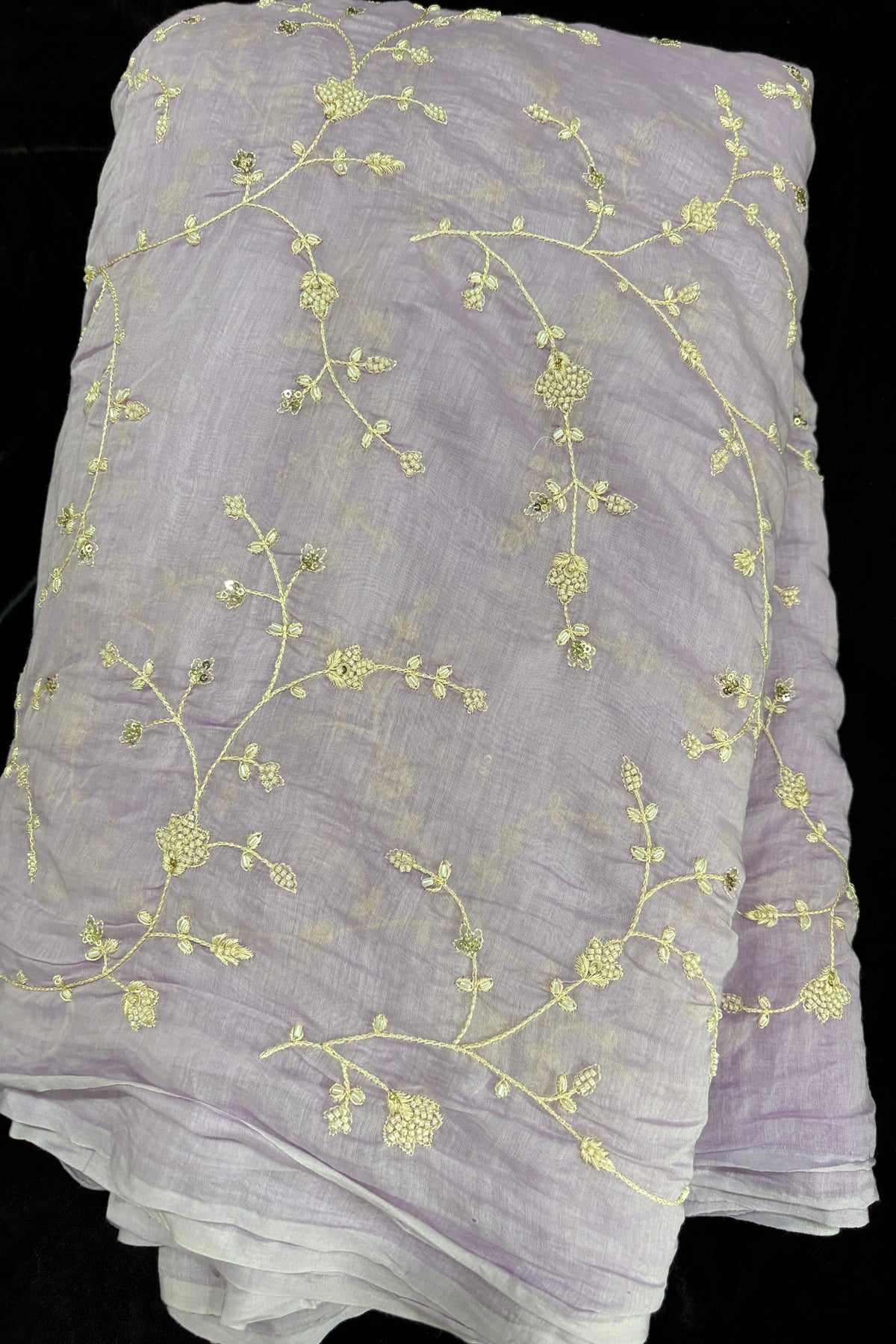 Pearls & Cutbeads Embroidered Floral Creeper Pure Mul Chanderi Fabric