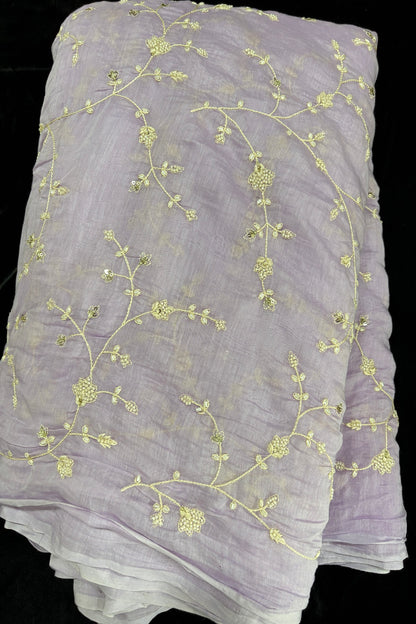 Pearls & Cutbeads Embroidered Floral Creeper Pure Mul Chanderi Fabric