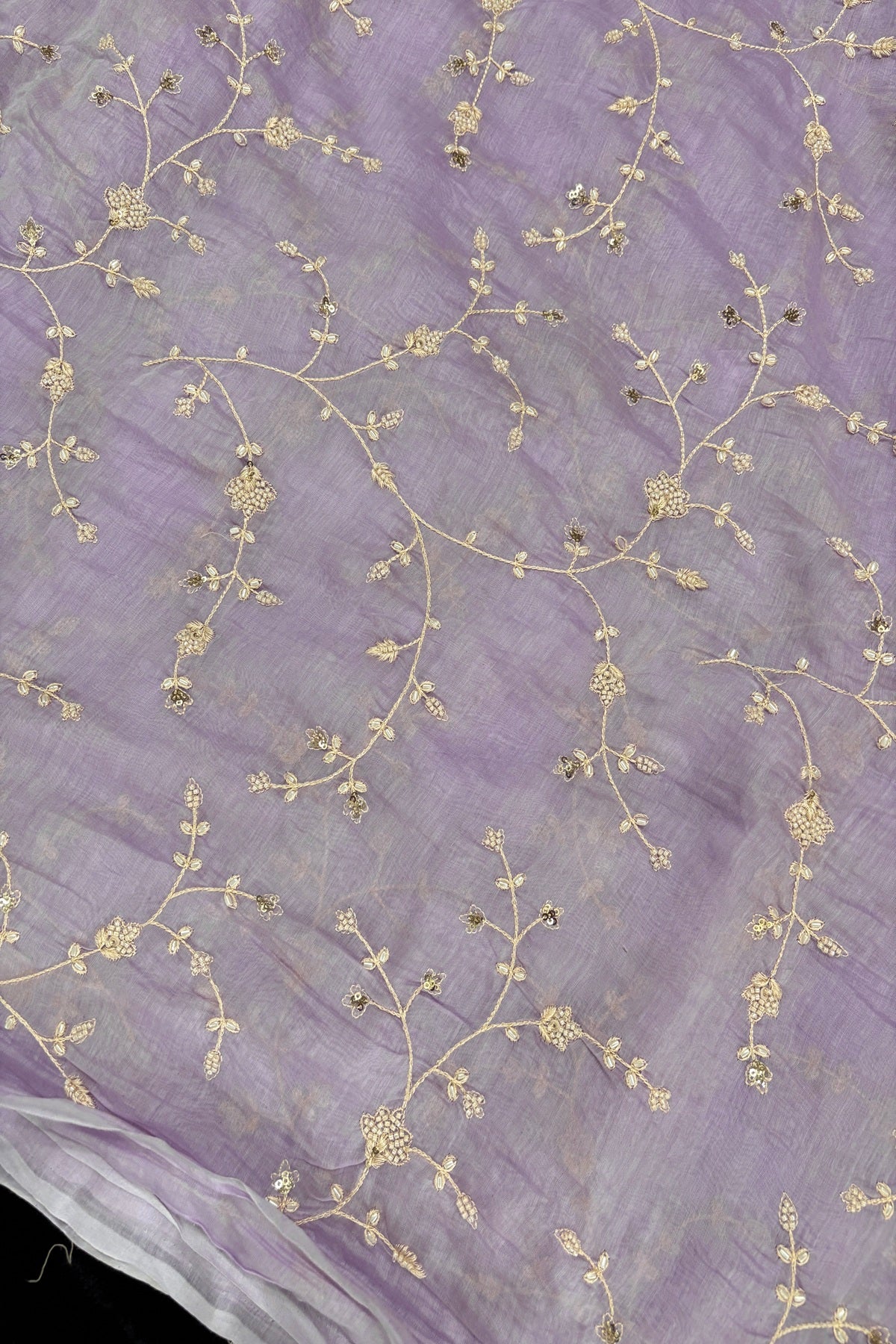 Pearls & Cutbeads Embroidered Floral Creeper Pure Mul Chanderi Fabric
