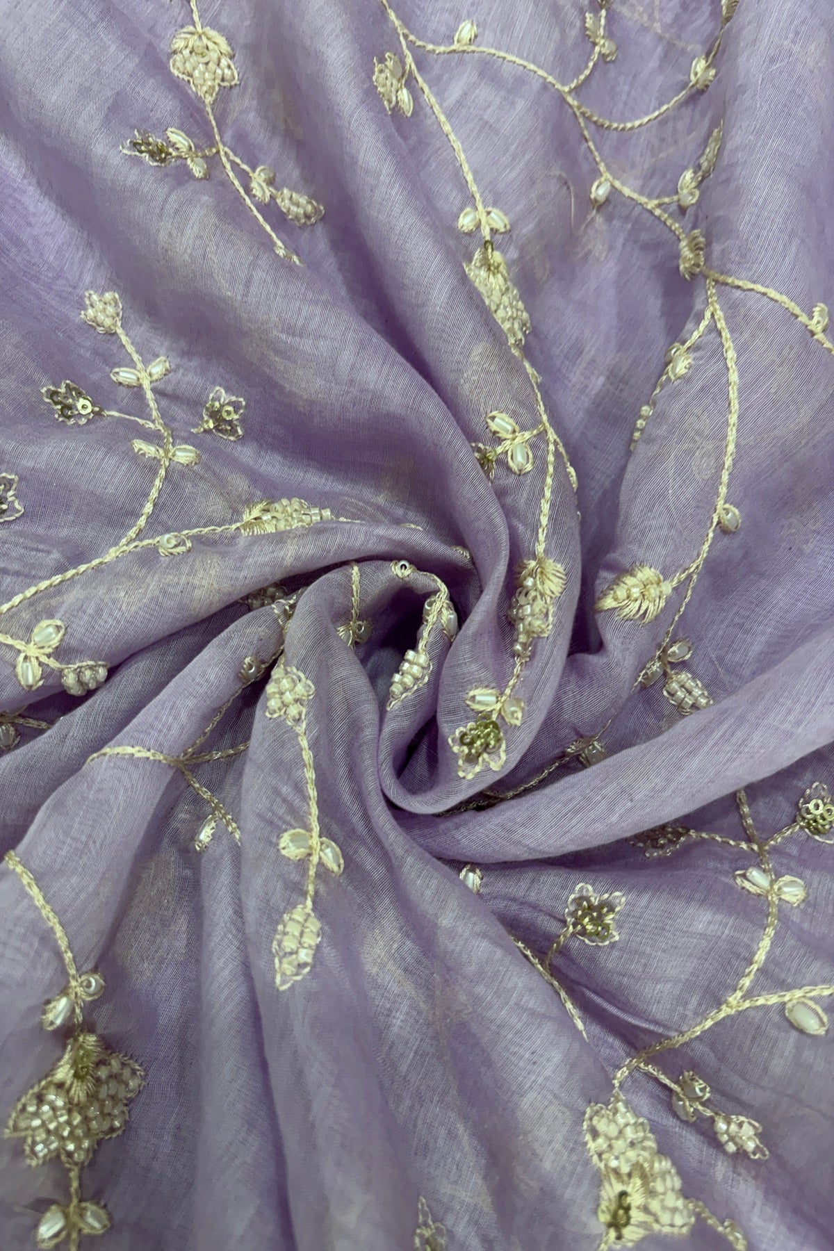 Pearls & Cutbeads Embroidered Floral Creeper Pure Mul Chanderi Fabric