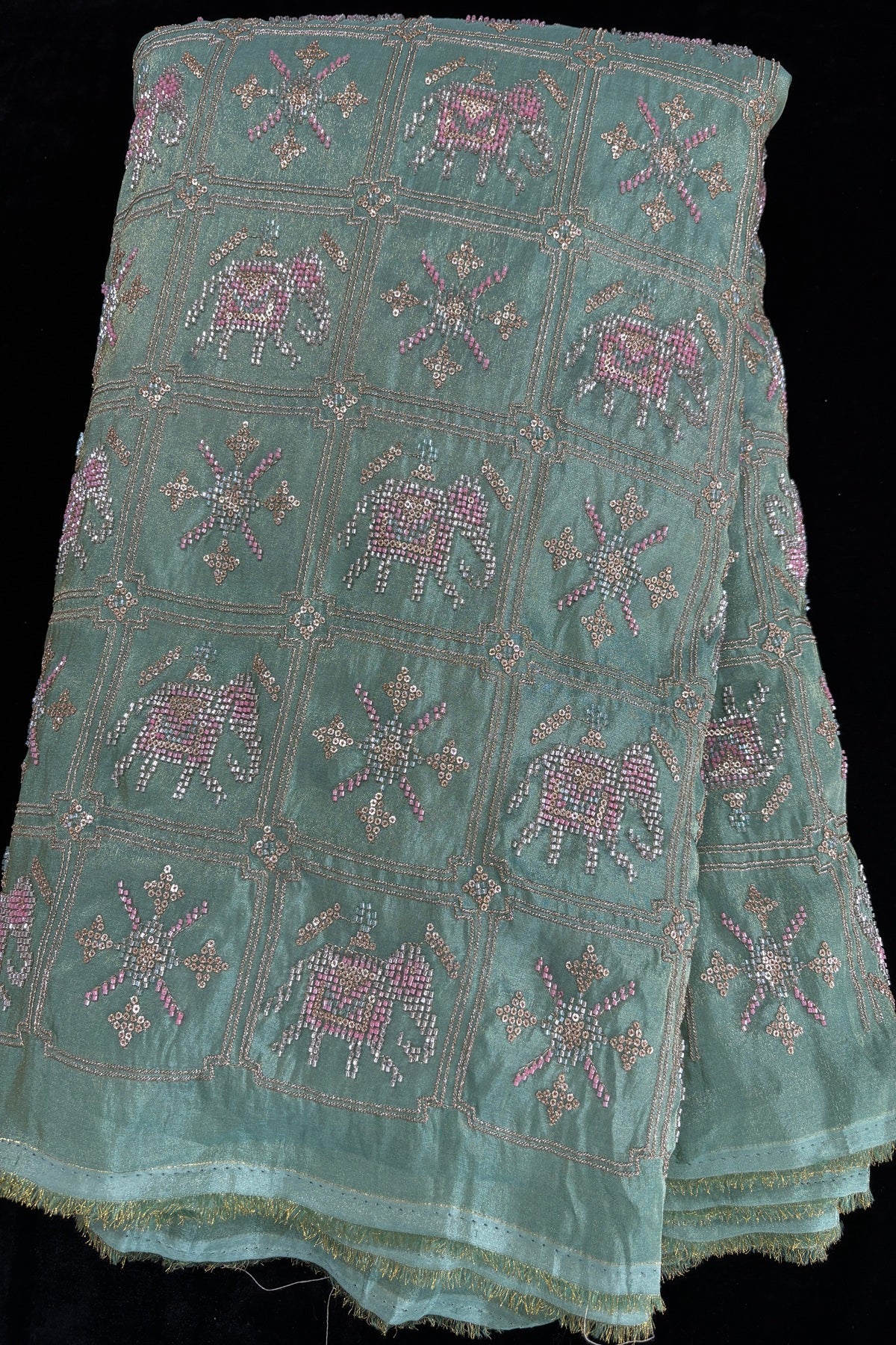 Cut Beads Embroidered Patola Inspired Uppada Tissue Fabric