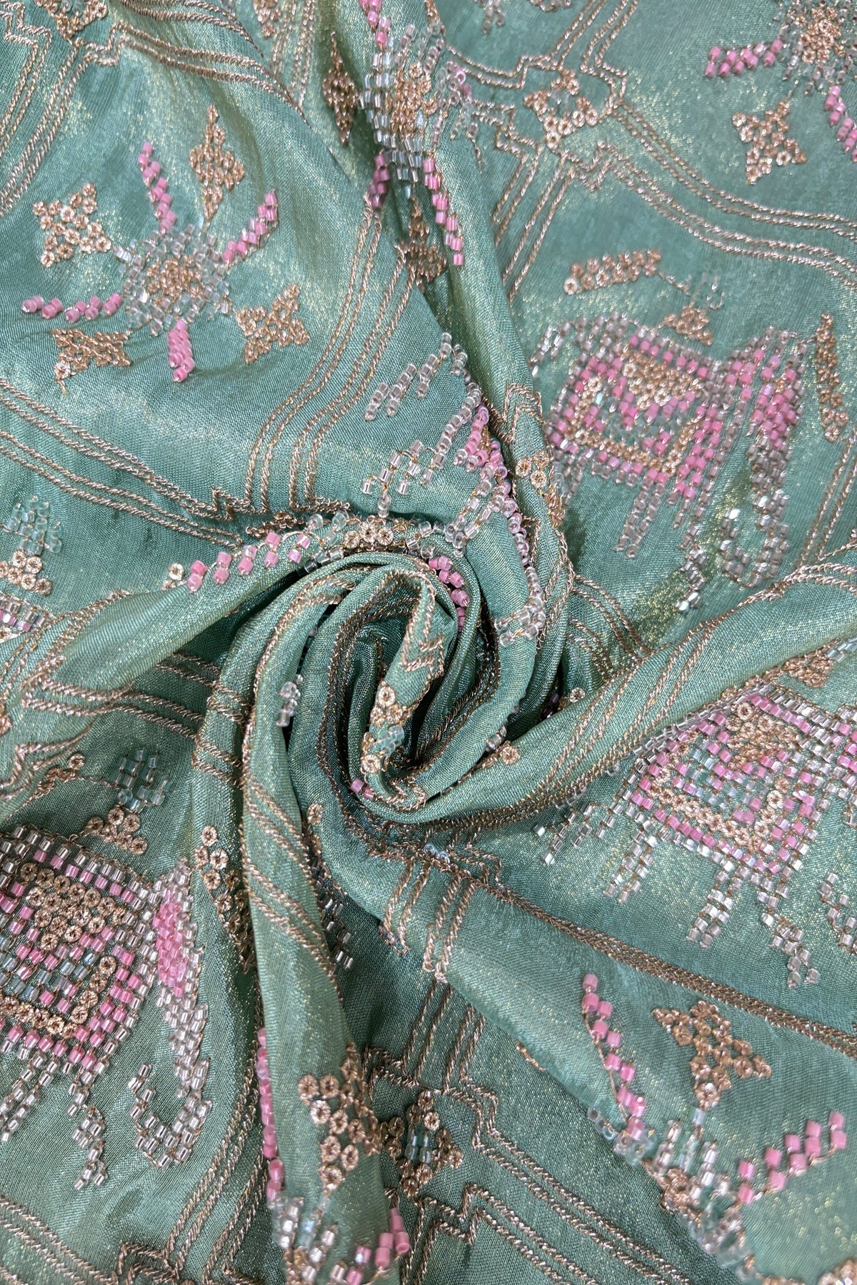 Cut Beads Embroidered Patola Inspired Uppada Tissue Fabric