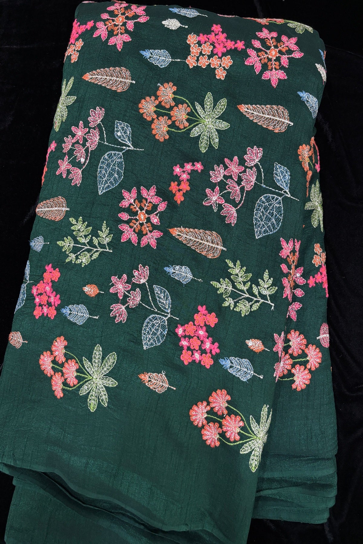 Pines & Flowers Embroidered Pure Falling Rawsilk Fabric