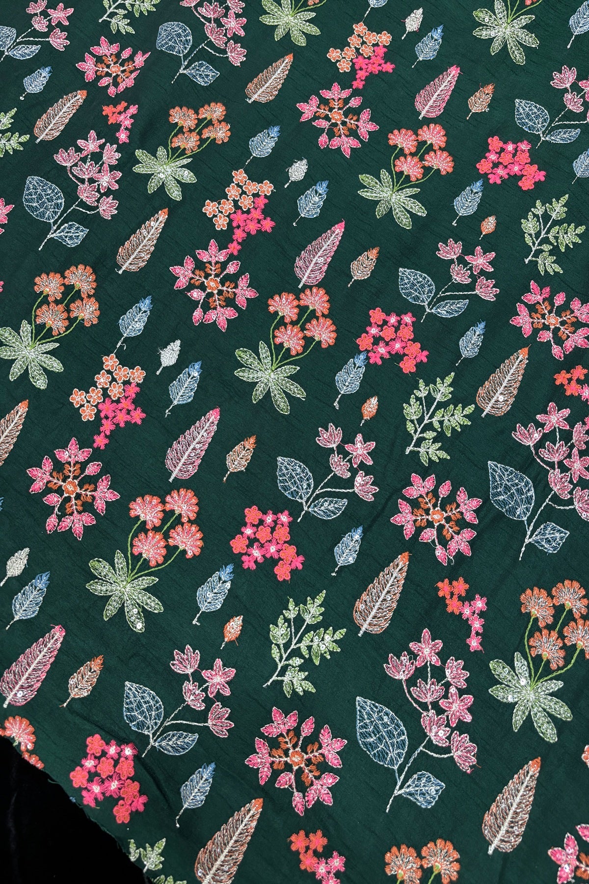 Pines & Flowers Embroidered Pure Falling Rawsilk Fabric