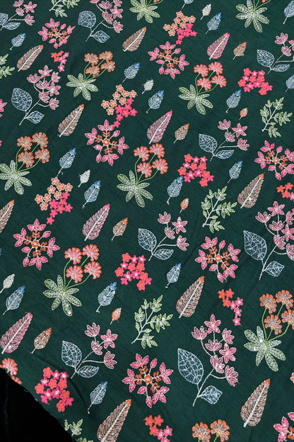 Pines & Flowers Embroidered Pure Falling Rawsilk Fabric