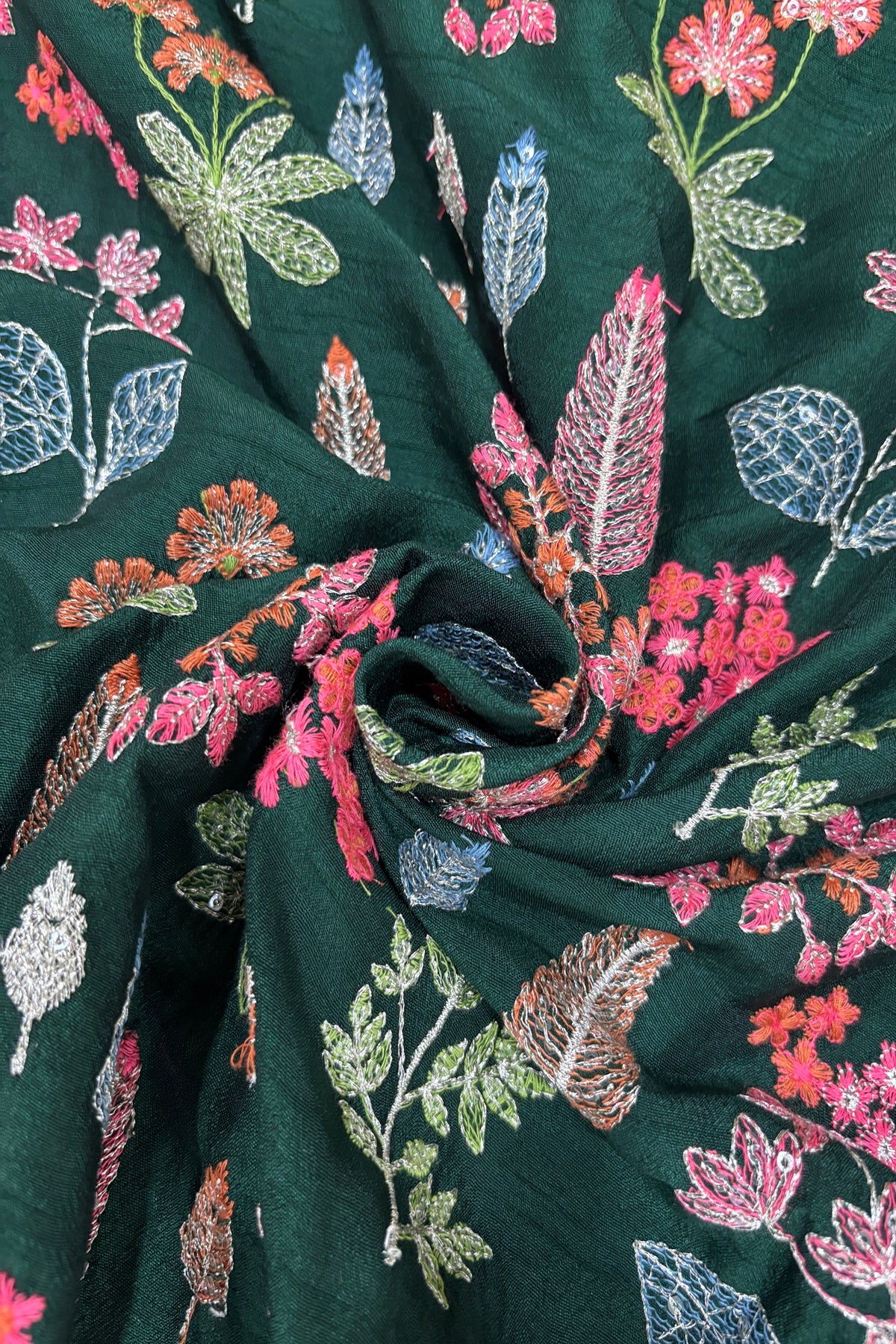 Pines & Flowers Embroidered Pure Falling Rawsilk Fabric