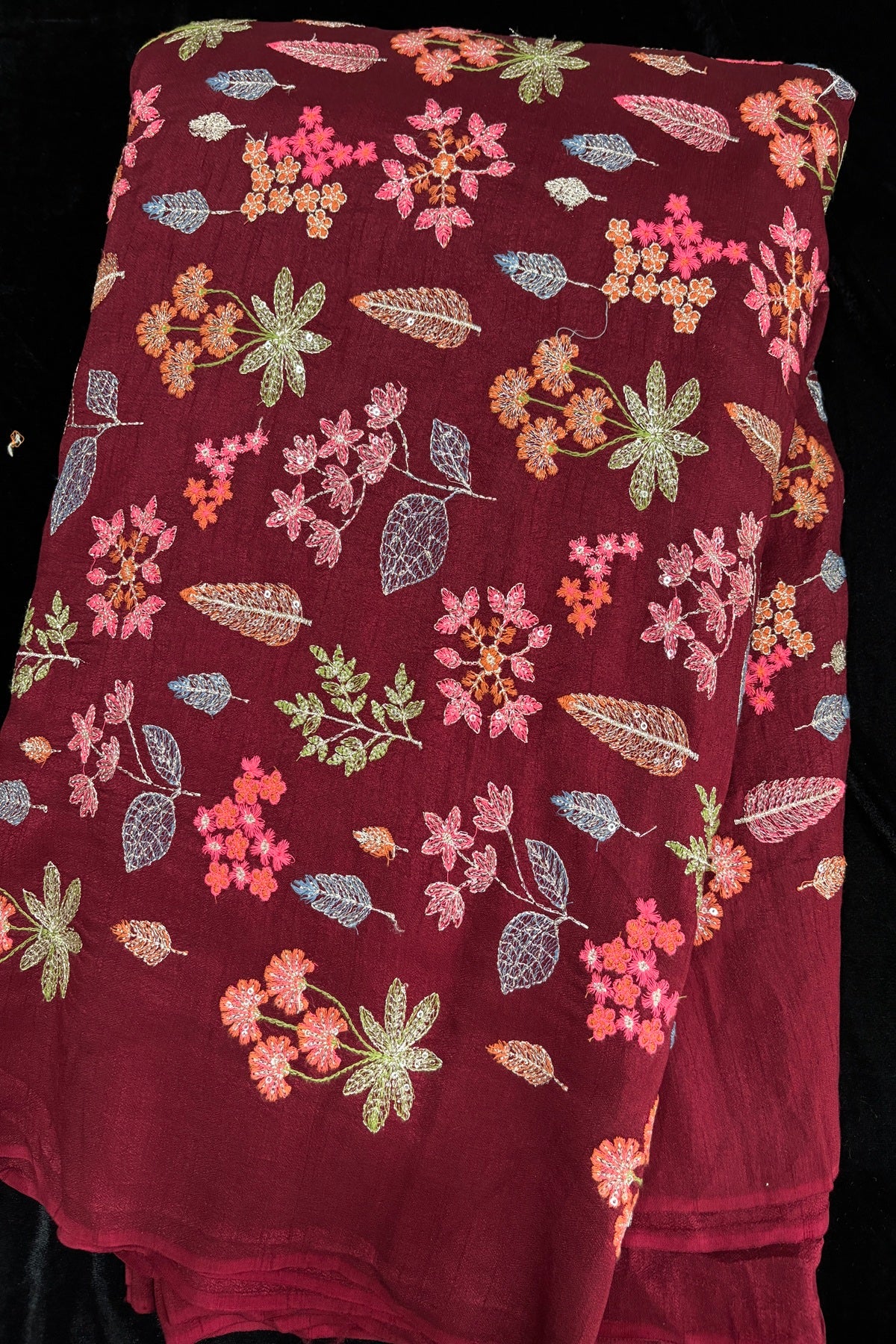 Pines & Flowers Embroidered Pure Falling Rawsilk Fabric
