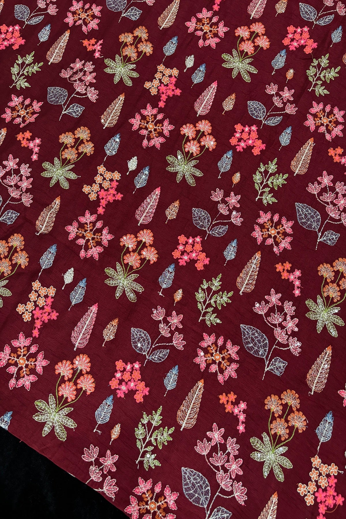 Pines & Flowers Embroidered Pure Falling Rawsilk Fabric