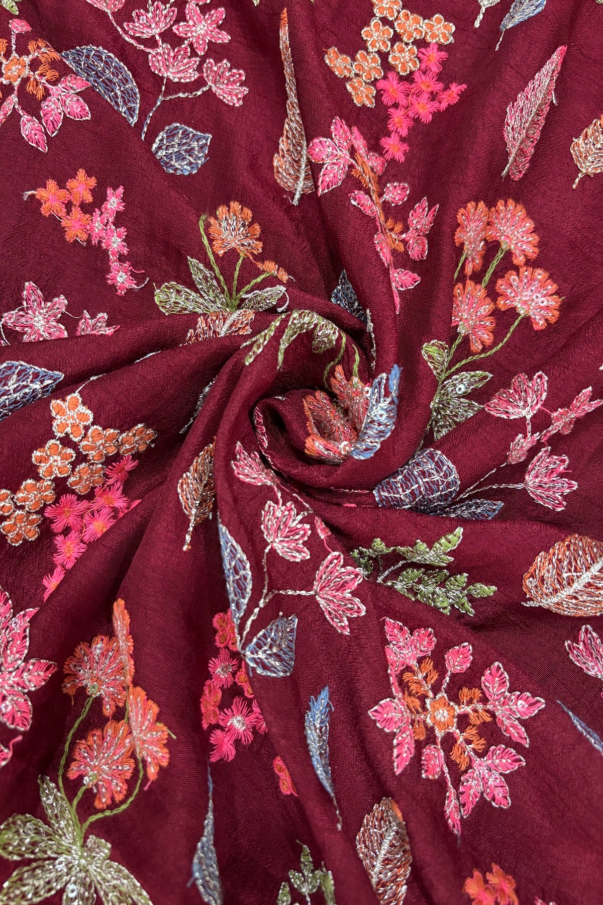 Pines & Flowers Embroidered Pure Falling Rawsilk Fabric