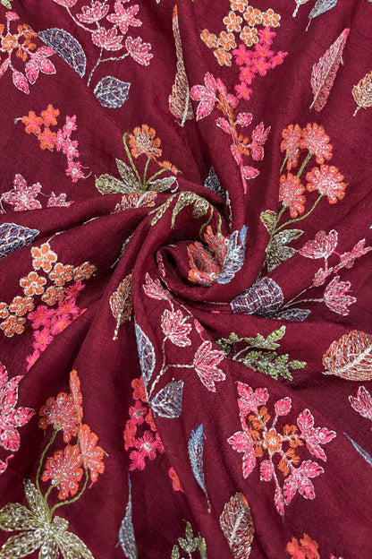 Pines & Flowers Embroidered Pure Falling Rawsilk Fabric