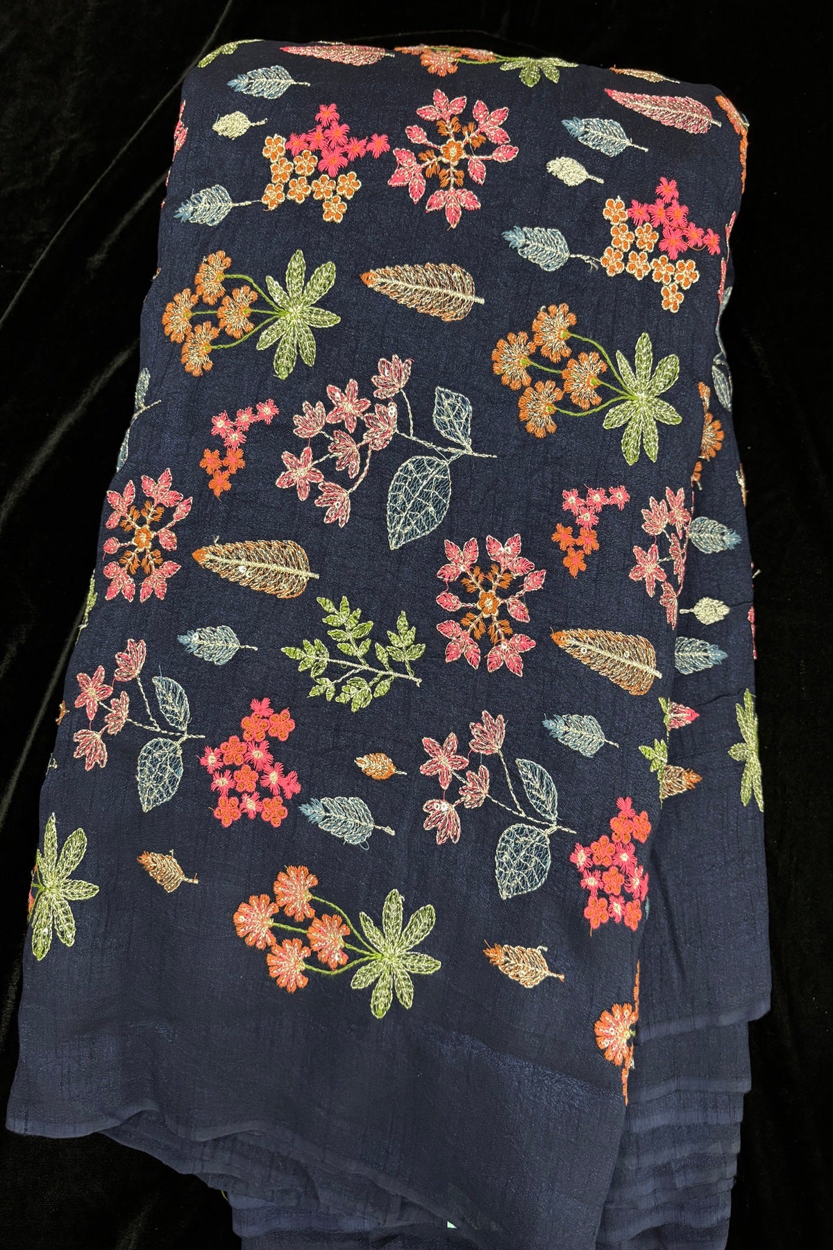 Pines & Flowers Embroidered Pure Falling Rawsilk Fabric