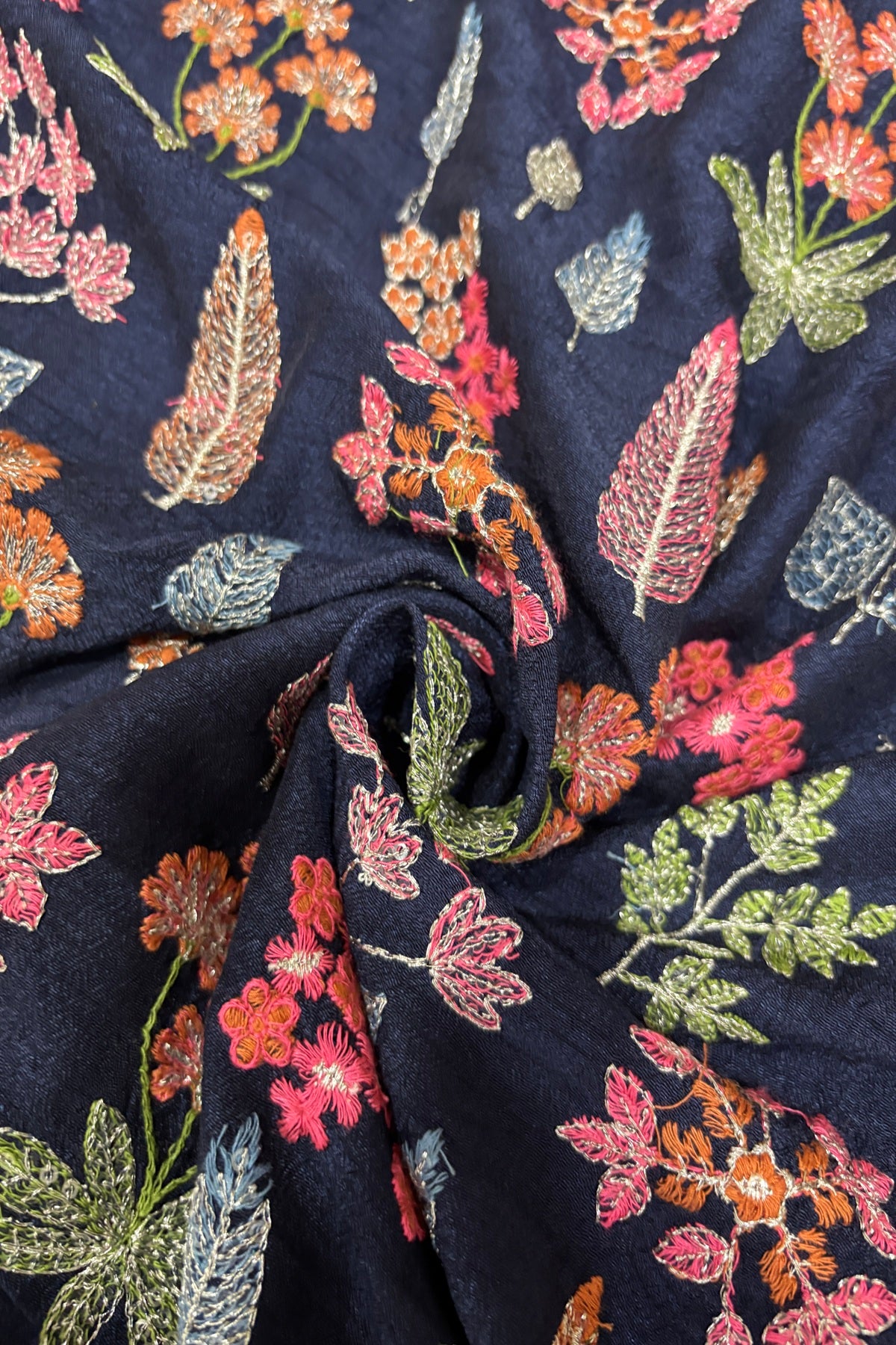 Pines & Flowers Embroidered Pure Falling Rawsilk Fabric