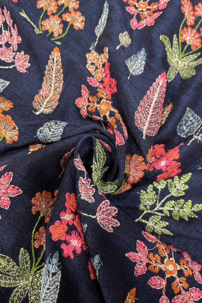 Pines & Flowers Embroidered Pure Falling Rawsilk Fabric