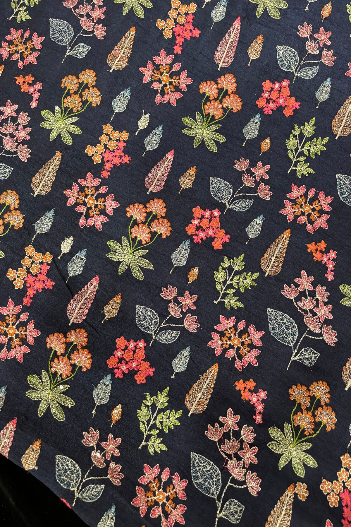 Pines & Flowers Embroidered Pure Falling Rawsilk Fabric