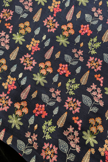 Pines & Flowers Embroidered Pure Falling Rawsilk Fabric