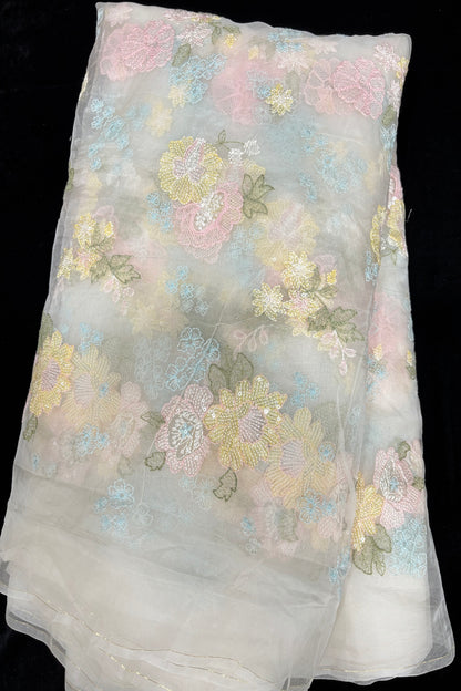 Sequins Floral Bunches Embroidered Pure Organza White Dyeable Fabric