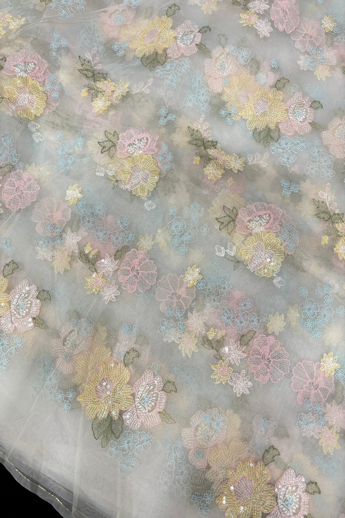 Sequins Floral Bunches Embroidered Pure Organza White Dyeable Fabric