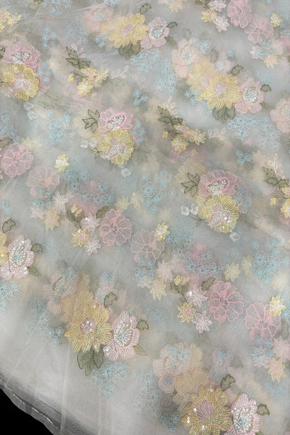 Sequins Floral Bunches Embroidered Pure Organza White Dyeable Fabric