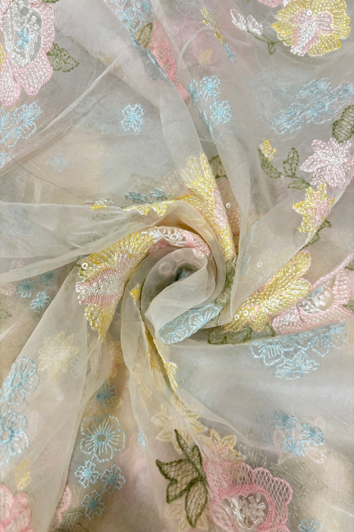 Sequins Floral Bunches Embroidered Pure Organza White Dyeable Fabric