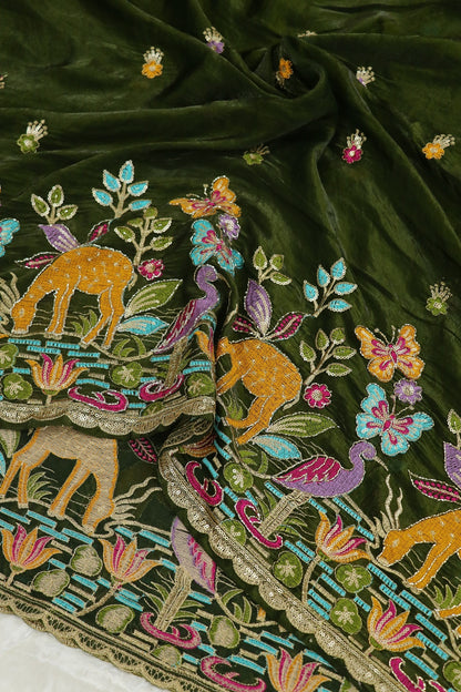 Space Silk Jungle Theme Embroidered Scalloped Lehengas