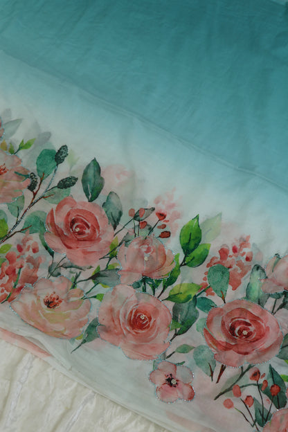 Silky Organza Floral Printed Fabric highlighted With Pearls & Cutbeads