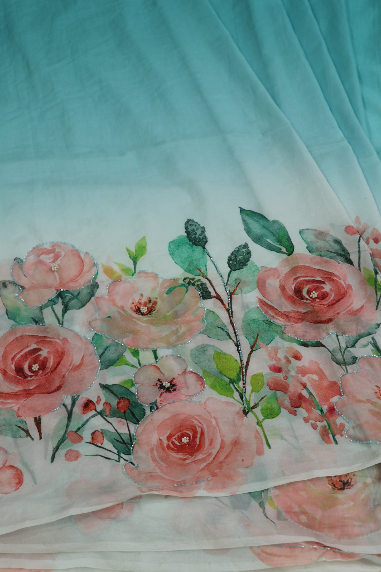 Silky Organza Floral Printed Fabric highlighted With Pearls & Cutbeads