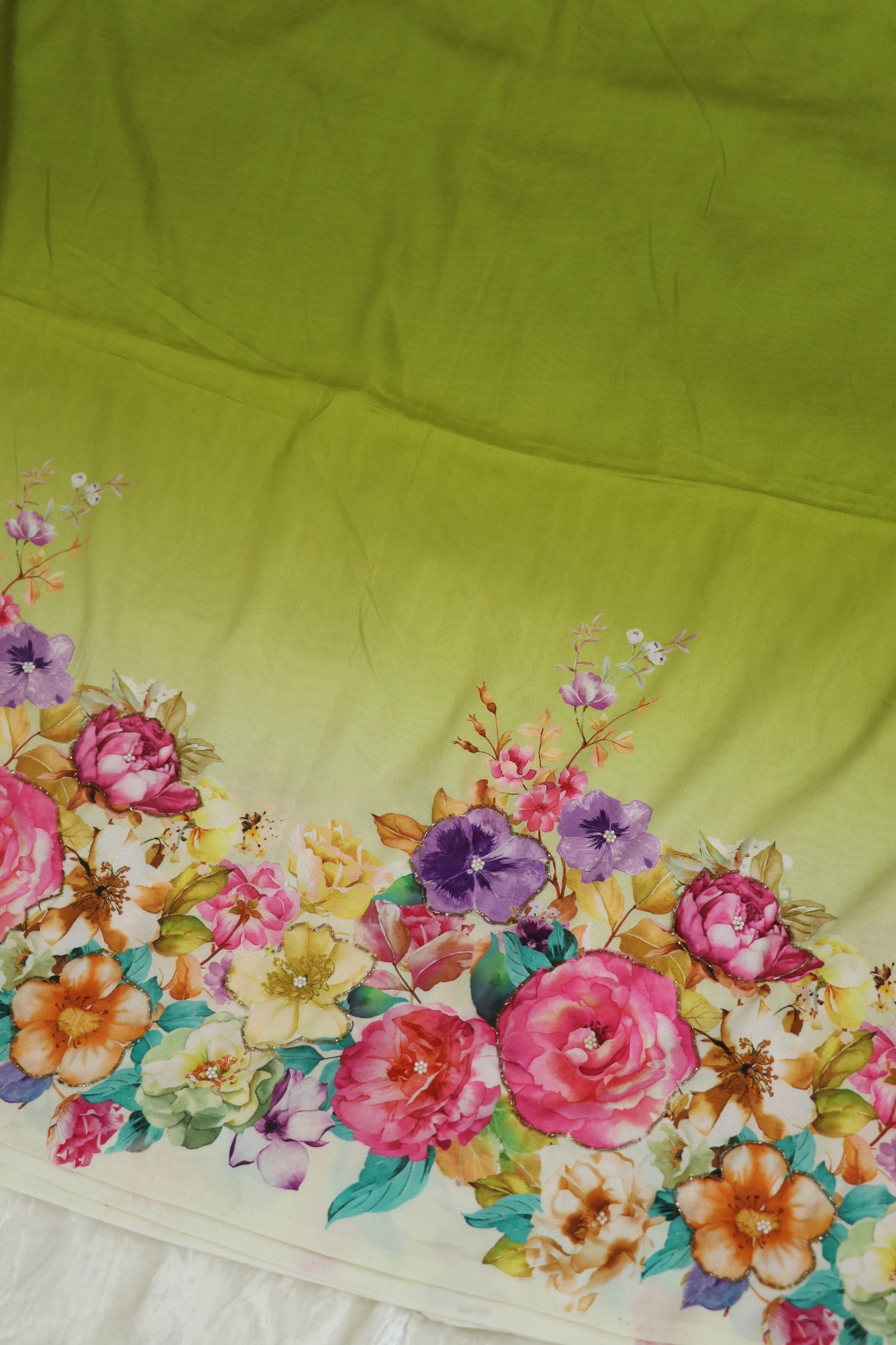Dola Silk Floral Printed Fabric Highlighted With Pearls & Cutbeads
